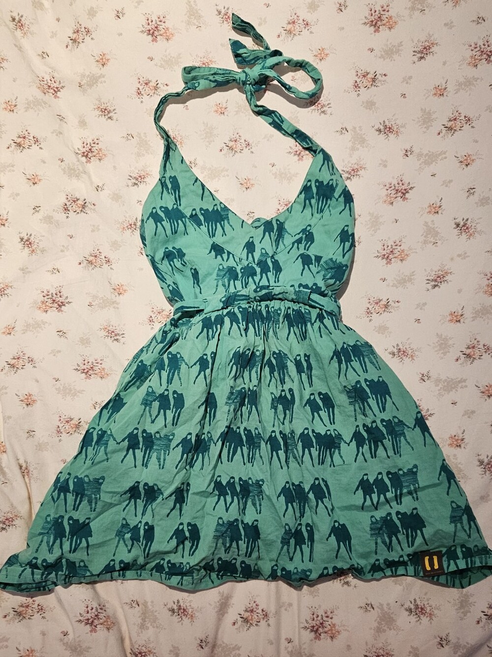 2000s Teal Halter Babydoll Top with Silhouette Print
